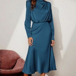 Teal satin shoulder pad satin dress workwear